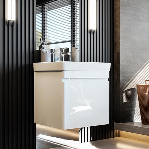 NewNewroom Waschbeckenunterschrank inkl. Waschbecken lackiert - Weiß Hochglanz - Hängend - mit viel Stauraum - 50x54x50 cm (BxHxT) - Badezimmermöbel, Waschtisch, Unterschrank von Newroom