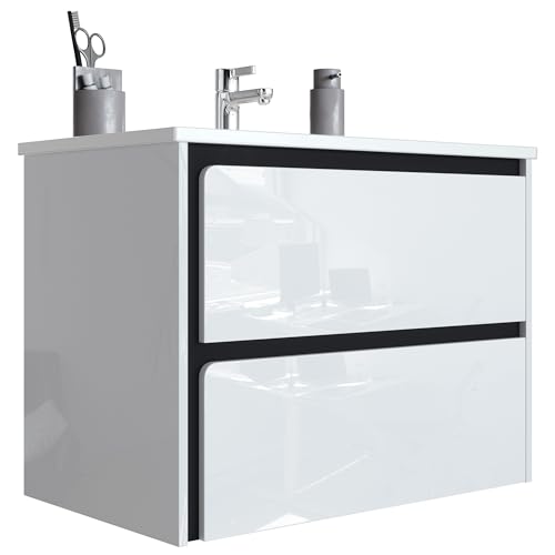 Newroom Waschbeckenunterschrank mit Waschbecken - Front Weiß Hochglanz lackiert, Griffmulden Anthrazit - Hängend, 2 Schubladen - 56x61x45 cm - Badschrank, Waschtisch, Unterschrank von Newroom