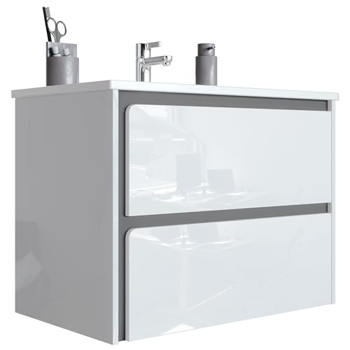 Newroom Waschbeckenunterschrank mit Waschbecken - Front Weiß Hochglanz lackiert, Griffmulden Grau - Hängend, 2 Schubladen - 56x61x45 cm - Badschrank, Waschtisch, Unterschrank Newroom Waschbeckenunterschrank mit Waschbecken - Front Weiß Hochglanz lackiert, Griffmulden Grau - Hängend, 2 Schubladen - 56x61x45 cm - Badschrank, Waschtisch, Unterschrank von Newroom