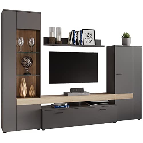 Newroom Wohnwand Anthrazit Schrankwand Modern - 260x195x42 cm (BxHxT) - Anbauwand - [Annouk.one] Wohnzimmer Wohnstube Büro von Newroom