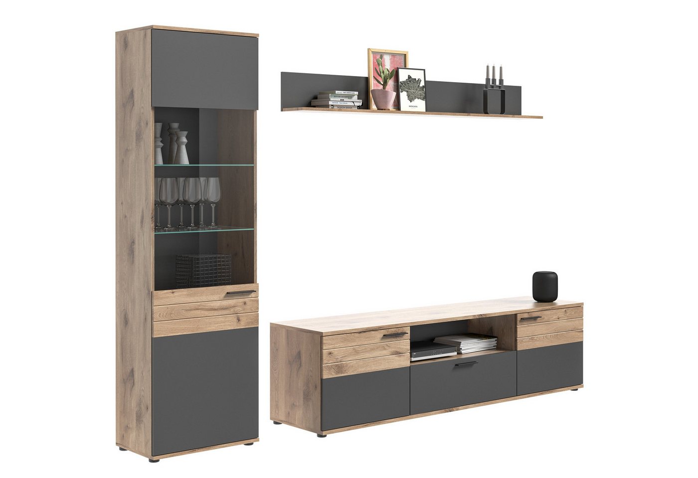 Newroom Wohnwand Lupus, Wohnwand Basalt Grau Eiche Schrankwand Anbauwand Industrial Modern ... von Newroom