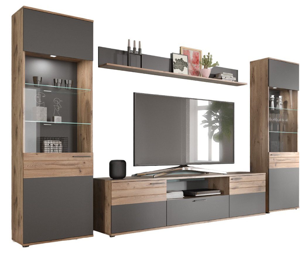 Newroom Wohnwand Lupus, Wohnwand Basalt Grau Eiche Schrankwand Anbauwand Industrial Modern ... von Newroom