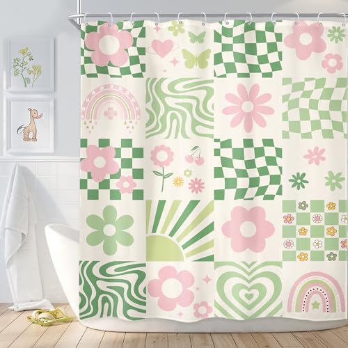 Newsely Duschvorhang im Retro-Stil, niedlich, grün-rosa Blume, 152,4 x 183,9 cm, abstrakt, 70er-Jahre, dänisches Pastellkaro, ästhetisch, Regenbogen, groovig, Badezimmer-Set, Mädchen, wasserdicht, von Newsely