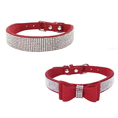 Newtensina 2 Stück stilvolle Hundehalsband Set weiche Wildleder Bling Hundehalsband mit Fliege Welpen Halsband für kleine Hunde Katzen von Newtensina