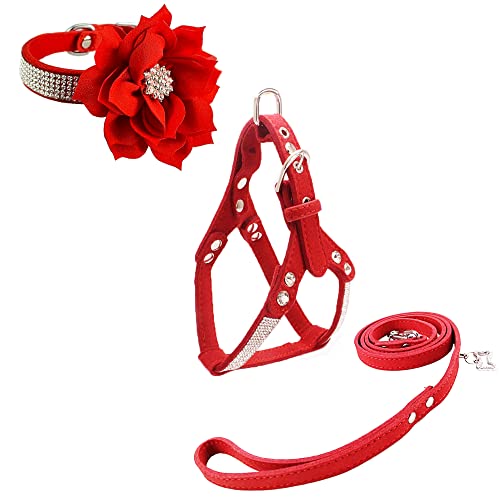 Newtensina Blumen-Hundehalsband & Geschirr & Leine Sets Bequem Weich Welpenhalsband Diamant mit Geschirr und Leinen Set für Hund - Rot - S von Newtensina