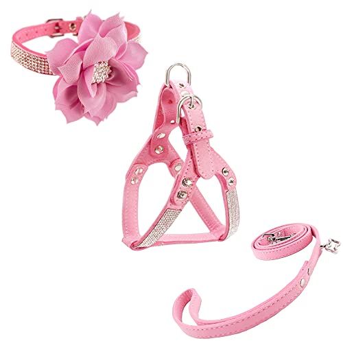 Newtensina Hundehalsband mit Blumenmotiv, Geschirr und Leine, bequem, weich, mit Strasssteinen und Geschirr für Hunde – Rosa – S von Newtensina