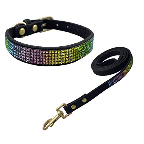 Newtensina Bunt Diamant Hundehalsband und Leine Regenbogen Farbig Welpenhalsband mit Leinen für Kleine Hunde - Black - S von Newtensina