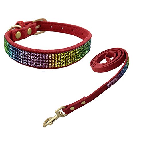 Newtensina Bunt Diamant Hundehalsband und Leine Regenbogen Farbig Welpenhalsband mit Leinen für Kleine Hunde - Red - S von Newtensina