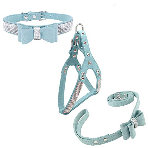 Newtensina Fliegen Hundehalsband & Geschirr & Blei-Sets Komfortables weiches Welpenhalsband Diamante mit Geschirr- und Leinen-Set für Hund - Blue - S von Newtensina