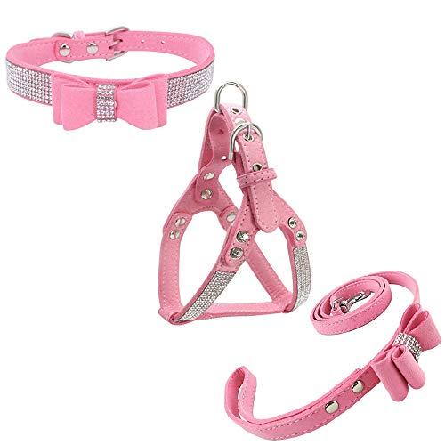 Newtensina Fliegen Hundehalsband & Geschirr & Blei-Sets Komfortables weiches Welpenhalsband Diamante mit Geschirr- und Leinen-Set für Hund - Pink - M von Newtensina