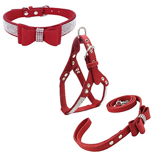 Newtensina Fliegen Hundehalsband & Geschirr & Blei-Sets Komfortables weiches Welpenhalsband Diamante mit Geschirr- und Leinen-Set für Hund - Red - XS von Newtensina