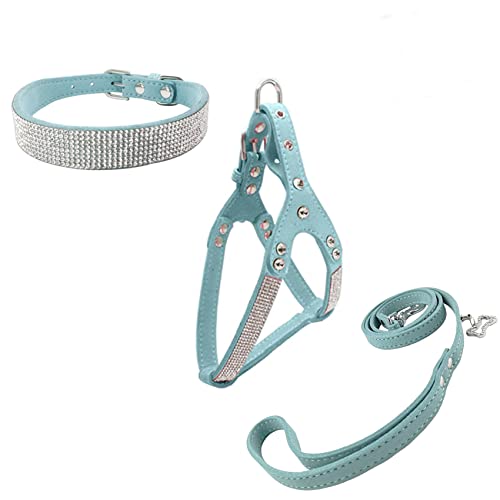 Newtensina Fliegen Hundehalsband & Geschirr & Blei-Sets Komfortables weiches Welpenhalsband Diamante mit Geschirr- und Leinen-Set für Hund - Blue - XS von Newtensina