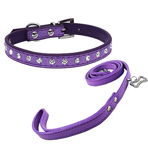 Newtensina Netter Diamante Welpen Halsband und Leine Set Bling Wildleder Halsband mit Leine für kleine Hunde Katzen - Purple - XS von Newtensina