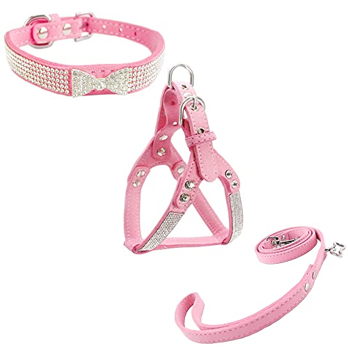 Newtensina Niedliches Hundehalsband mit Fliege und Geschirr und Leine, bequem, weich, mit Geschirr und Leinen, für Hunde, Rosa – XS von Newtensina