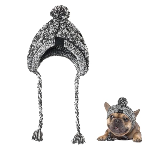 Gestrickte Hund Kappen, Hundemütze für Hunde Winter, Winddichte Haustier Kopfbedeckung für Winter, Graue Gestrickte Hund Kappen, Flauschige Warme Hundehut mit Langem Zopf (L) von Newtic