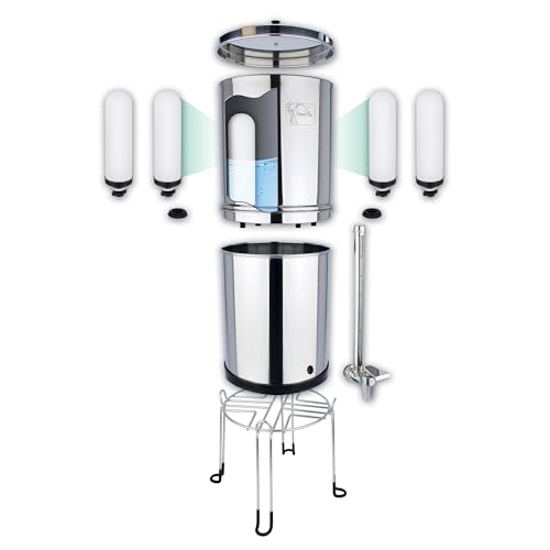 NEWTON Premium Schwerkraft-Wasserfiltersystem mit Fluoridentfernung | 12l Kapazität | Komplettes System mit 4 x Filterkerzen, Edelstahlständer und Sichtglashahn von Newton