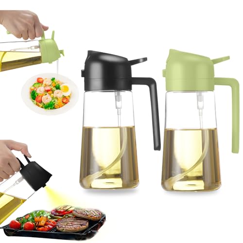 2 in 1 Ölspender und Ölsprüher, Küchenhelfer, Olivenöl Spenderflasche mit Tropffreiem Auslauf, Sprühflasche für Salate Fritteuse Braten Grillen Grün and Schwarz 470 ML(2PCS) von Newvenper