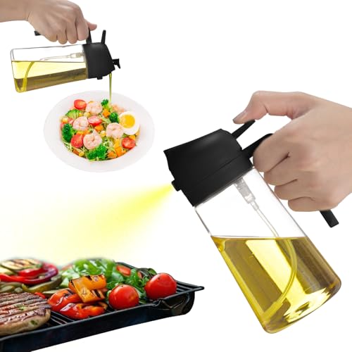 2 in 1 Ölspender und Ölsprüher, Küchenhelfer, Olivenöl Spenderflasche mit Tropffreiem Auslauf, Sprühflasche für Salate Fritteuse Braten Grillen Schwarz 470ML von Newvenper