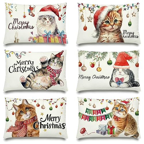 Newwiee 6 Stück Weihnachts-Kissenbezüge, 30,5 x 50,8 cm, festliche Katze, Überwurf, Taille, Leinen, Lendenwirbelsäule, Weihnachts-Kissenbezüge, dekoratives Katzen-Thema, Winter-Kissenbezug für von Newwiee