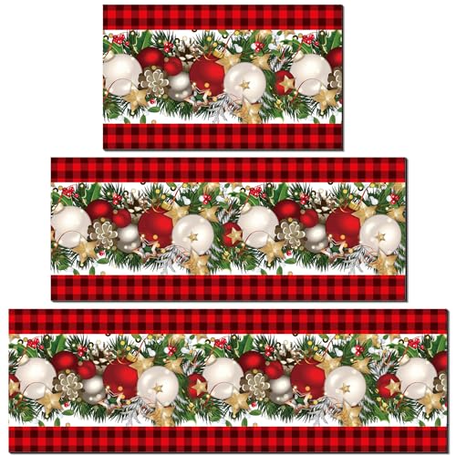Newwiee Weihnachtliche Küchenteppiche, Weihnachtsmann-Teppich, grün, weihnachtliche rote Schneeflocke, Ball, Bodenmatte, rutschfest, waschbar, Gummi-Rückseite, Fußmatte, Matte für Küche, Bad von Newwiee