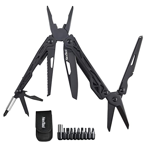 NexTool Multitool, 11 IN 1 Multitool Werkzeug, Faltbares Edelstahl, Multifunktionswerkzeug mit Messer, Schere, Flaschenöffner und Holzsäge, 9 Schraubendreher Bits, Nylontasche fur Geschenke für Männer von NEXTOOL