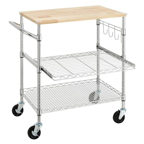NexaGeniX Küchenwagen Rollender Küchenwagen mit Holztischplatte, Kücheninselwagen mit Rädern und Schieberegal mit Rädern von NexaGeniX