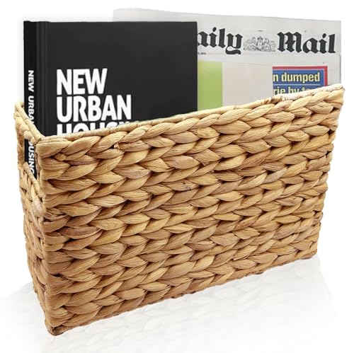 Nexboraque Handgewebter Zeitschriftenhalter Natur Zeitschriftenkorb Rack Wasserhyazinthe schmaler Korb Mülleimer 39,5 x 14,5 x 24 cm Zeitschriftenkorb Weidenkorb für Aufbewahrung Badezimmer Büro von Nexboraque