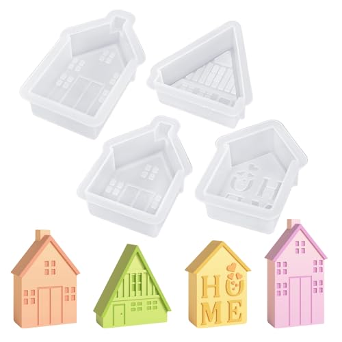 4 Stück Silikonformen Gießformen Häuser, 3D Silikonform Haus Kerzenformen Zum Gießen Gießformen Silikon Häuser Gießform Haus mit Fenster Kerzen Silikonformen für DIY Handwerk von Nexoria