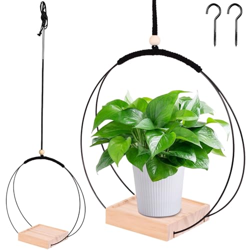 Blumenampel Hängend Innen, Blumentopf Hängend mit Metallring Hängende Pflanzgefäße Aus Metall Hängetopf für Pflanzen Hängeampel mit Holzsockel Blumenampel Blumentöpfe zum Aufhängen für Innen (B) von Nexoria