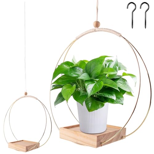 Blumenampel Hängend Innen, Blumentopf Hängend mit Metallring Hängende Pflanzgefäße Aus Metall Hängetopf für Pflanzen Hängeampel mit Holzsockel Blumenampel Blumentöpfe zum Aufhängen für Innen (A) von Nexoria