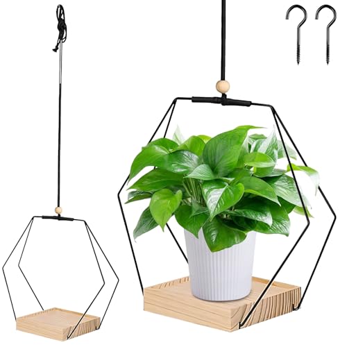 Blumenampel Hängend Innen, Blumentopf Hängend mit Metallring Hängende Pflanzgefäße Aus Metall Hängetopf für Pflanzen Hängeampel mit Holzsockel Blumenampel Blumentöpfe zum Aufhängen für Innen (C) von Nexoria