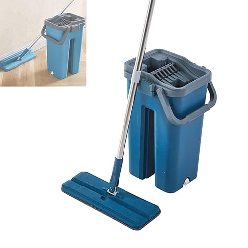 Nexoria Großer Flachmop, Wischmopp Set Mit Eimer 360° Drehbarer Reinigungsmopp 90° Faltbar Wischmopp Mit Auswringfunktion Flacher Mop Und Eimer Set Selbstreinigender Flachmopp Bodenwischer (Blau) von Nexoria