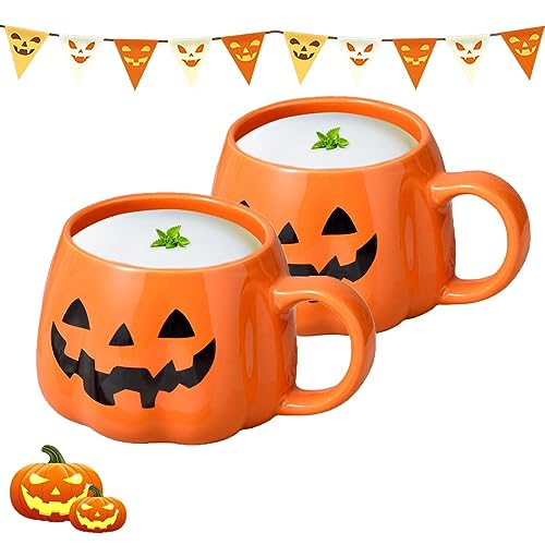 Nexoria Halloween-Kürbis-Tasse, 2Stück Süße Kürbisbecher aus Keramik Halloween Keramik-Kaffeetasse Milchbecher Lustige Herbstbecher Kaffeetasse für Halloween Thanksgiving, Herbsternte, Partyzubehör von Nexoria