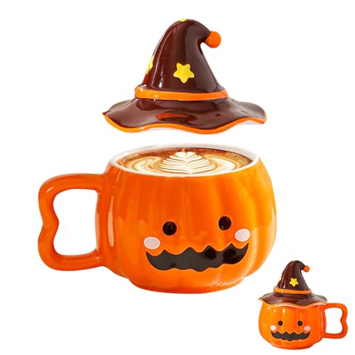 Halloween Kürbis Tasse mit Hexehut, 380ml Kürbis Keramik Tasse Kürbis Geister Deko Keramik Kaffeetasse mit Deckel Niedliche halloween Mug Kürbisbecher Herbstdeko Mug für Halloween Erntedankfest (C) von Nexoria