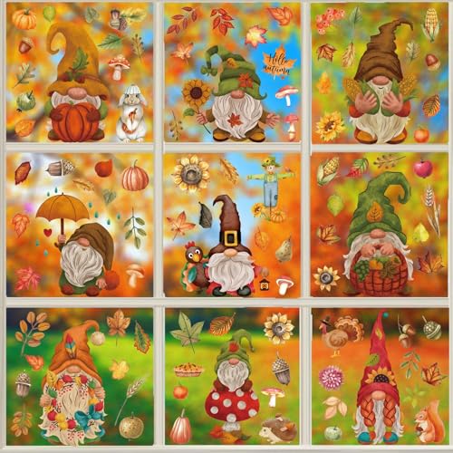Herbstdeko Fenster, 9 Stück Herbst Fensterbilder Selbstklebend Fensterbilder Herbst Fenster Aufkleber mit Kürbis Ahornblatt Herbstdeko Fensterfolie Fensteraufkleber für Herbstdeko Thanksgiving von Nexoria