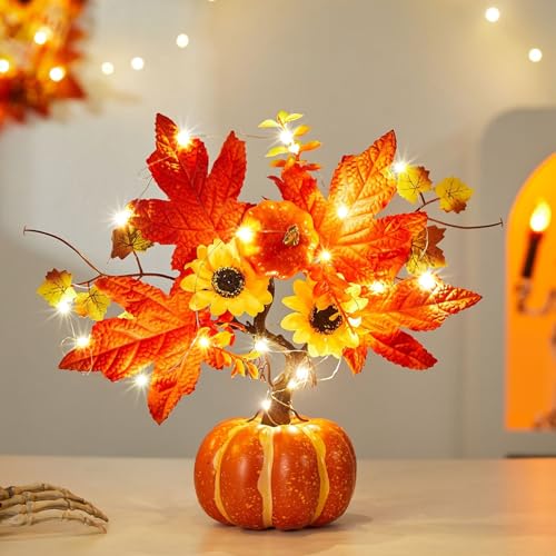 Herbstdeko Kürbis Baum Lichter, 35cm Herbst Deko Kürbis Lichterbaum mit 20LED Lichterkette Künstlicher Lichterbaum mit Ahornblatt Sonnenblume Batteriebetrieben Herbstdeko LED Baum für Tisch (A) von Nexoria