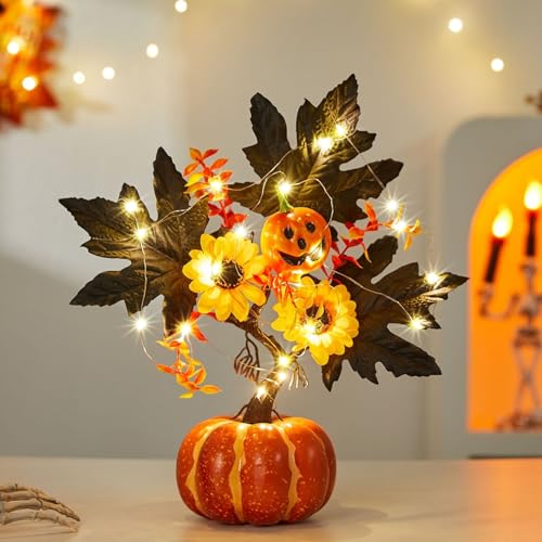 Herbstdeko Kürbis Baum Lichter, 35cm Herbst Deko Kürbis Lichterbaum mit 20LED Lichterkette Künstlicher Lichterbaum mit Ahornblatt Sonnenblume Batteriebetrieben Herbstdeko LED Baum für Tisch (B) von Nexoria