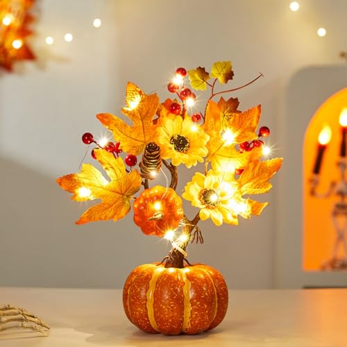 Herbstdeko Kürbis Baum Lichter, 35cm Herbst Deko Kürbis Lichterbaum mit 20LED Lichterkette Künstlicher Lichterbaum mit Ahornblatt Sonnenblume Batteriebetrieben Herbstdeko LED Baum für Tisch (C) von Nexoria