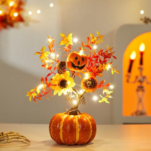 Herbstdeko Kürbis Baum Lichter, 35cm Herbst Deko Kürbis Lichterbaum mit 20LED Lichterkette Künstlicher Lichterbaum mit Ahornblatt Sonnenblume Batteriebetrieben Herbstdeko LED Baum für Tisch (D) von Nexoria