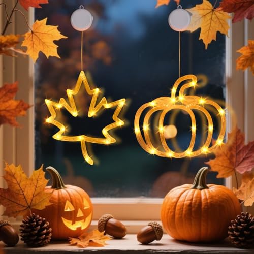Herbstdeko Kürbis Fenster Lichter, 2 Stück Herbst Deko Fensterlichter mit Saugnapf Kürbis Ahornblatt Lichterkette Hängende Fensterdeko Lichter Beleuchtung Halloween Deko Fensterlichter Batterie (C) von Nexoria