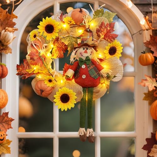 Herbstkranz Wichtel mit Lichterkette, 43CM Türkranz Herbst Leuchtend Herbstkranz Haustür mit LED Licht Herbst Deko Wichtel Kranz Hängende Herbstdeko Herbstwichtel WandKranz Türkranz für Herbst (A) von Nexoria