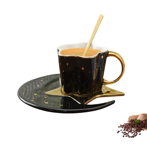 Kaffeetassen Set, Keramik Kaffeetassen Mit Mond Untertassen Cappuccino Tassen Mit Löffel Kaffeetassen Becher Espressotassen Set Cappuccino Tassen Set Kaffeeservice Set Für Ramadan Decor (Black) von Nexoria