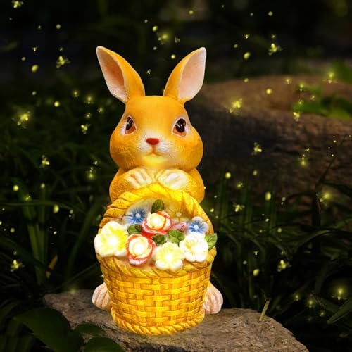 Kaninchen Gartenfiguren mit Solarlampen, Gartendeko Kaninchen Deko mit Solarlaterne Osterdeko Osterhase Figur Kaninchen Statue mit Blumen Wetterfest Gartendeko für Draußen Balkon Terrassen (A) von Nexoria