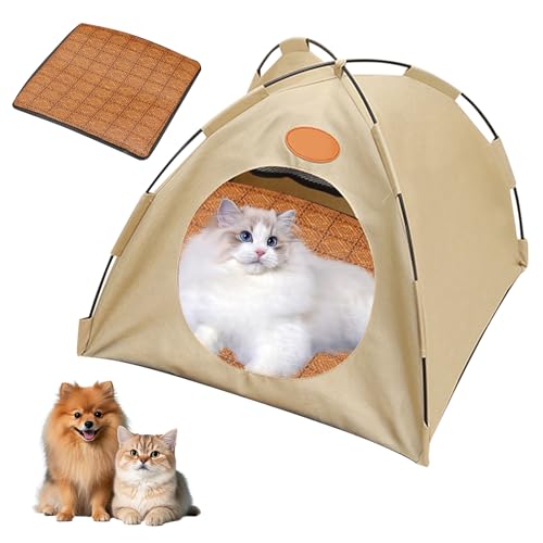 Katzen Kühlzelt, Hundezelt Katzenzelt Katzen Kühlzelt mit Rattan Matte Tragbares Haustierzelt Kühlender Bettmatte Abnehmbar Katzenhaus Waschbar Hitzeschutz für Katzen Hunde (Beige, M) von Nexoria
