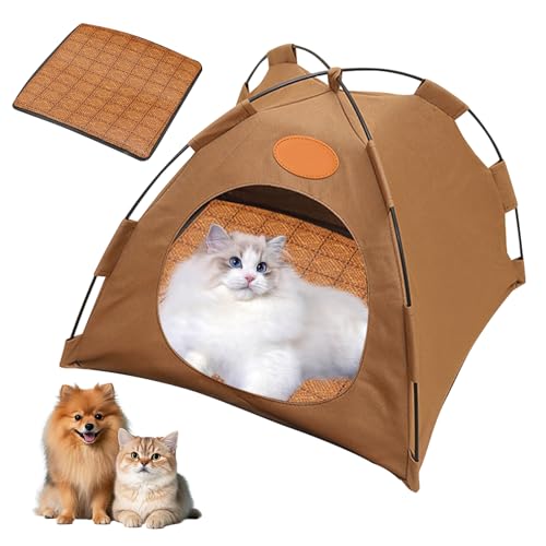Katzen Kühlzelt, Hundezelt Katzenzelt Katzen Kühlzelt mit Rattan Matte Tragbares Haustierzelt Kühlender Bettmatte Abnehmbar Katzenhaus Waschbar Hitzeschutz für Katzen Hunde (Braun, L) von Nexoria