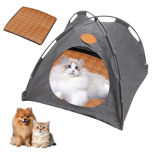 Katzen Kühlzelt, Hundezelt Katzenzelt Katzen Kühlzelt mit Rattan Matte Tragbares Haustierzelt Kühlender Bettmatte Abnehmbar Katzenhaus Waschbar Hitzeschutz für Katzen Hunde (Grau, M) von Nexoria