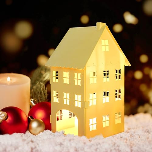 Lichthäuser Metall, Weihnachtshäuser Lichthaus Weiss Windlicht Weihnachten Weihnachtsdeko Häuser Teelichthaus Weiß Kerzenhalter Weihnachten Teelichthalter für Weihnachtsdeko (L) von Nexoria