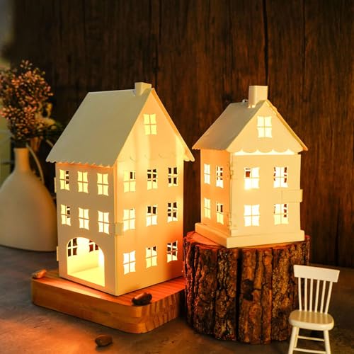 Lichthäuser Metall, Weihnachtshäuser Lichthaus Weiss Windlicht Weihnachten Weihnachtsdeko Häuser Teelichthaus Weiß Kerzenhalter Weihnachten Teelichthalter für Weihnachtsdeko (S+L) von Nexoria