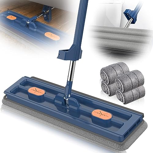 Nexoria Großer Flachmop, 360°Drehgelenk Bodenwischer Set Flacher Wischmopp Wischmopp Mit Auswringfunktion Flachmopp Mit Wiederverwendbaren Mikrofaser-Wischpads (Blauer+4 Lappen) von Nexoria