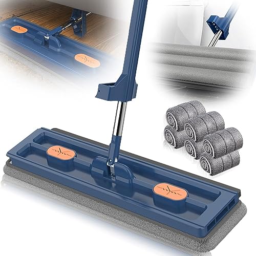 Nexoria Großer Flachmop, 360°Drehgelenk Bodenwischer Set Flacher Wischmopp Wischmopp Mit Auswringfunktion Flachmopp Mit Wiederverwendbaren Mikrofaser-Wischpads (Blauer+6 Lappen) von Nexoria